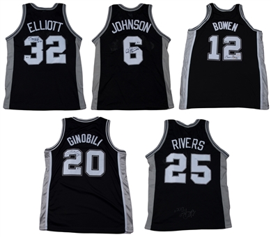 Lot of (5) San Antonio Spurs Signed Jerseys: Elliott, Rivers, Ginobili, Bowen & Johnson (Arenas LOA & Beckett)